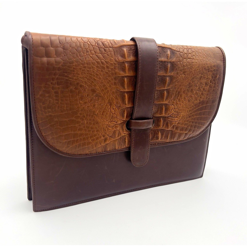 Barbara Bolan Brown Croc Embossed Shoulder Bag Buckle Flap Gold Hardware Pockets